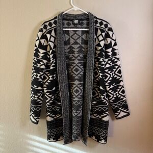 Frye Womens Black White Geometric Aztec Open Front Longline Cardigan Sweater M